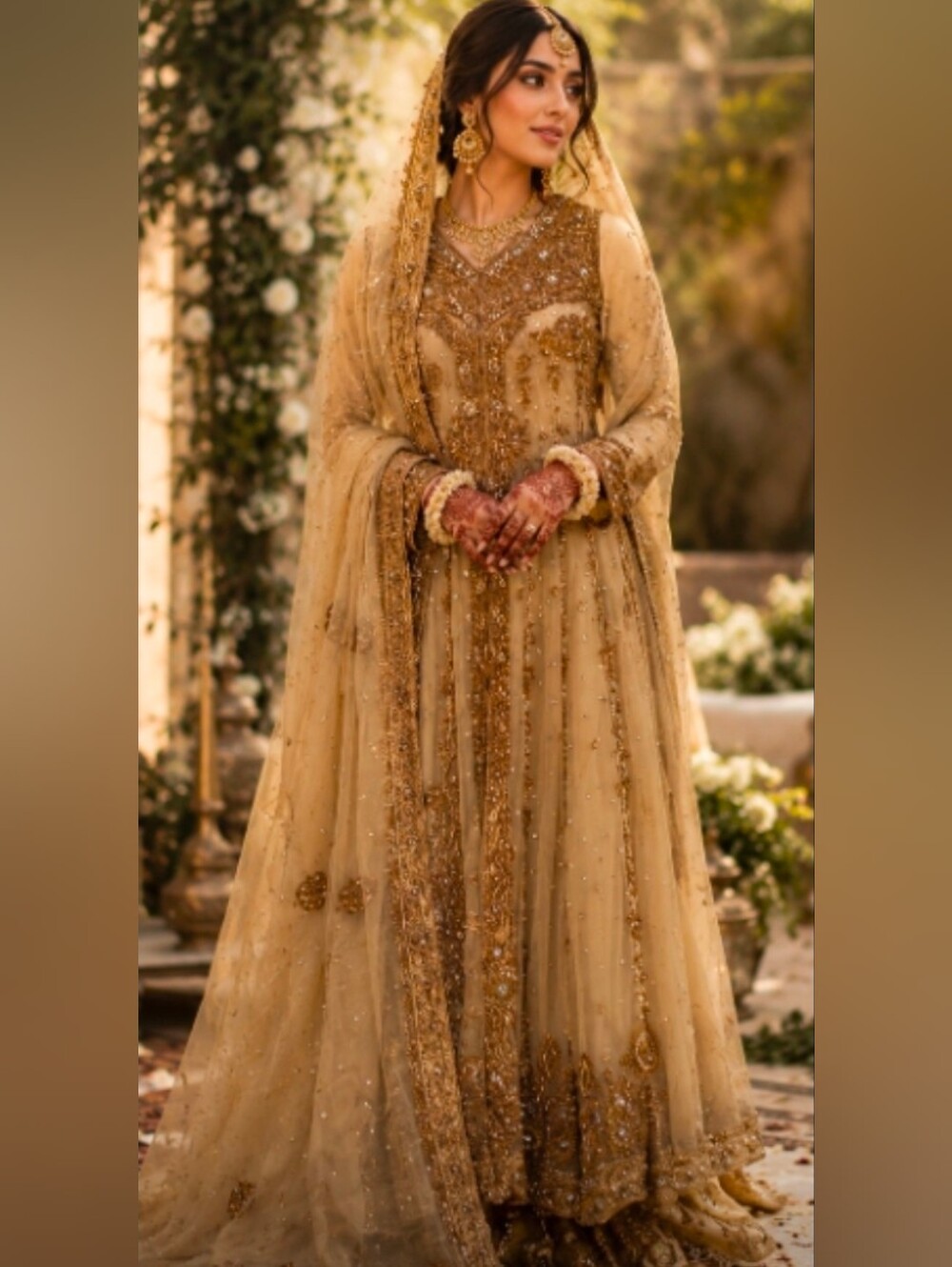 MALIK Designer Gold Cream Bridal Gown Lehnga Skirt 5 Pc